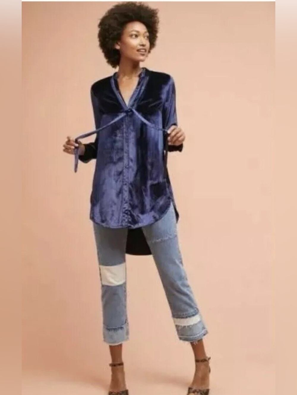 Anthropologie Maeve Blue Velvet Button-Up Tunic with Neck Tie